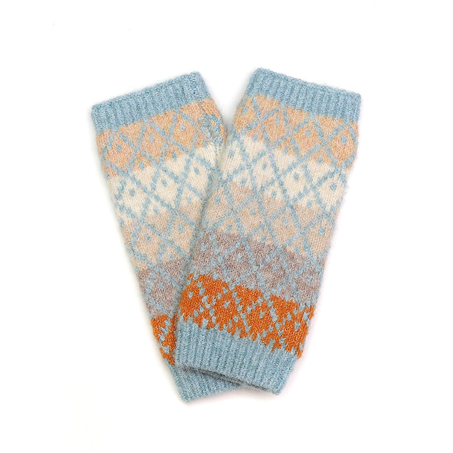 POM Light Blue/Rust/Grey Mix Recycled Blend Diamond Knit Wrist Warmers