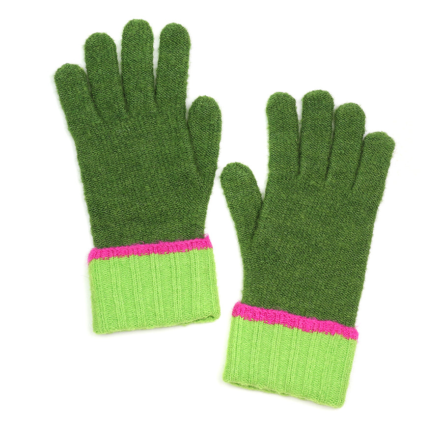 POM Dark Green with Lime & Fuchsia Cuff Recycled Yarn Knitted Gloves