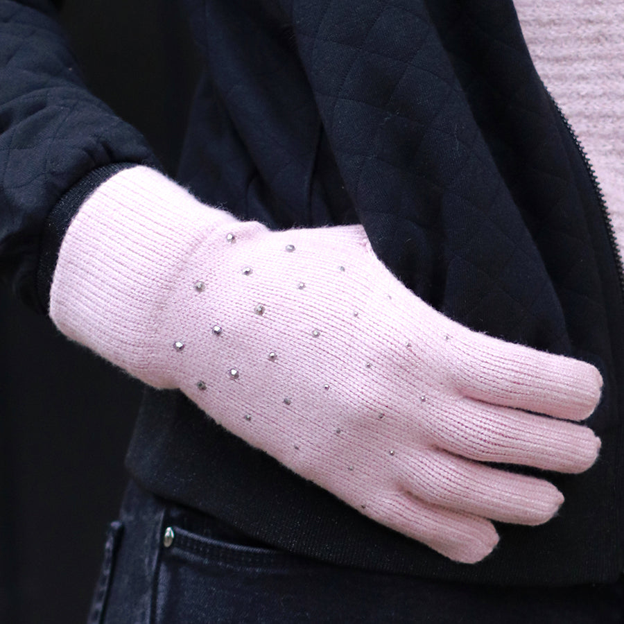 POM Pink Gloves Studded Diamante Embellished Knitted Gloves