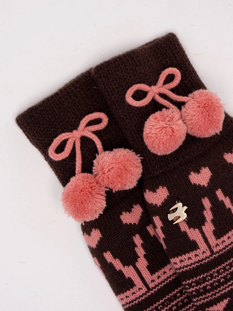 Brakeburn - Pom Pom Patterned Knitted Slippers - Brown/Pink