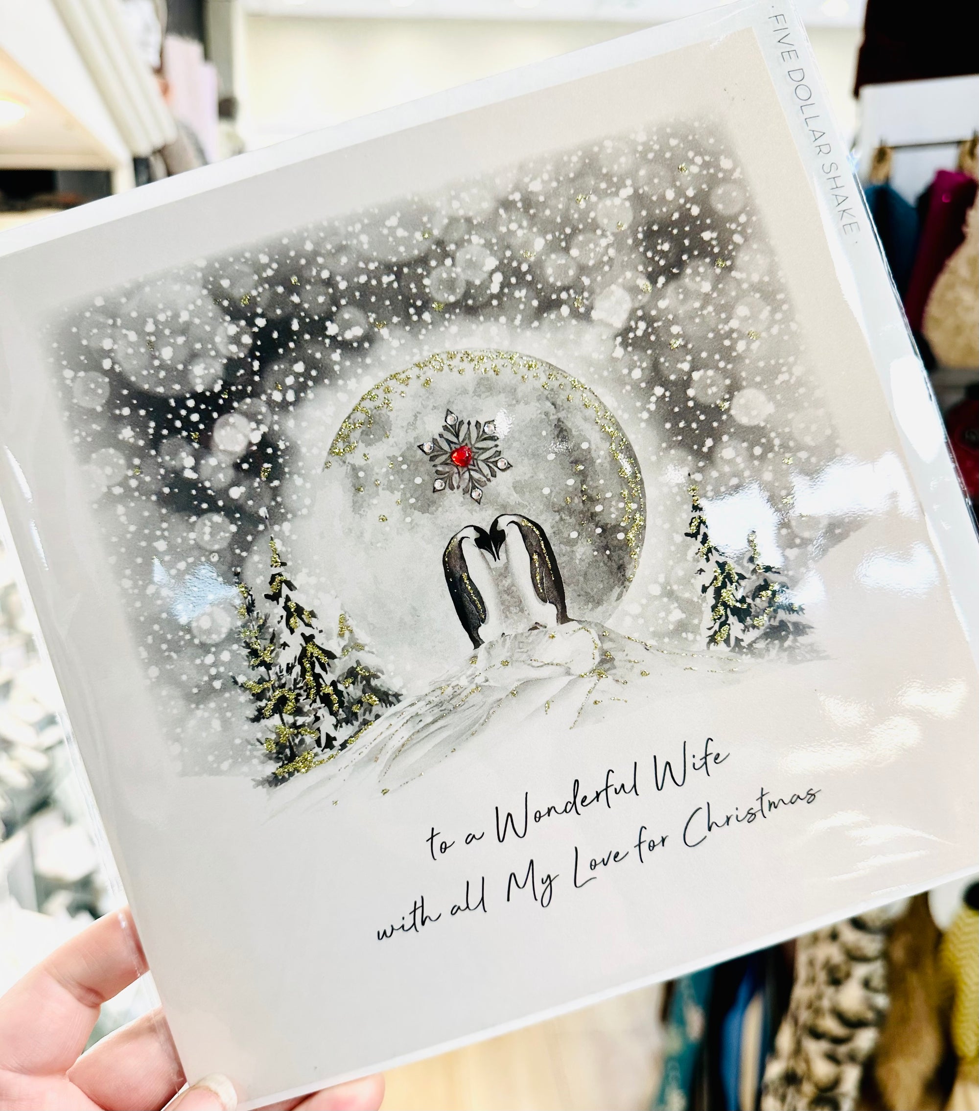 Five Dollar Shake - Wife Penguins under Moonlight - Christmas Card