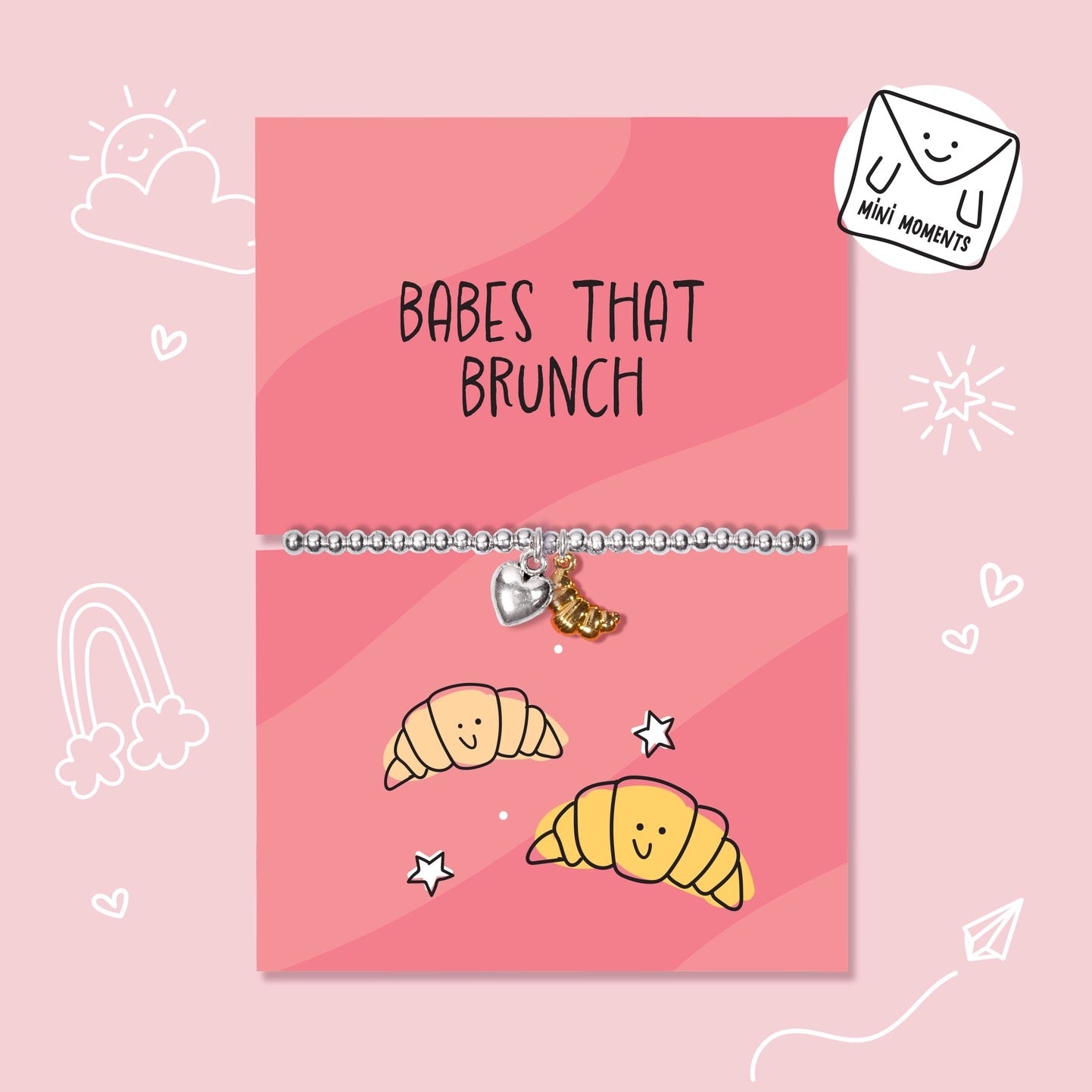 Letterbox Love - Babes that Brunch - Heart &amp; Croissant - CHILDREN'S - Silver Plated Stretch Bracelet