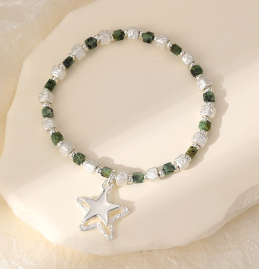 Gracee Jewellery - Green &amp; Silver Cubes &amp; Double Silver Star - Stretch Bracelet