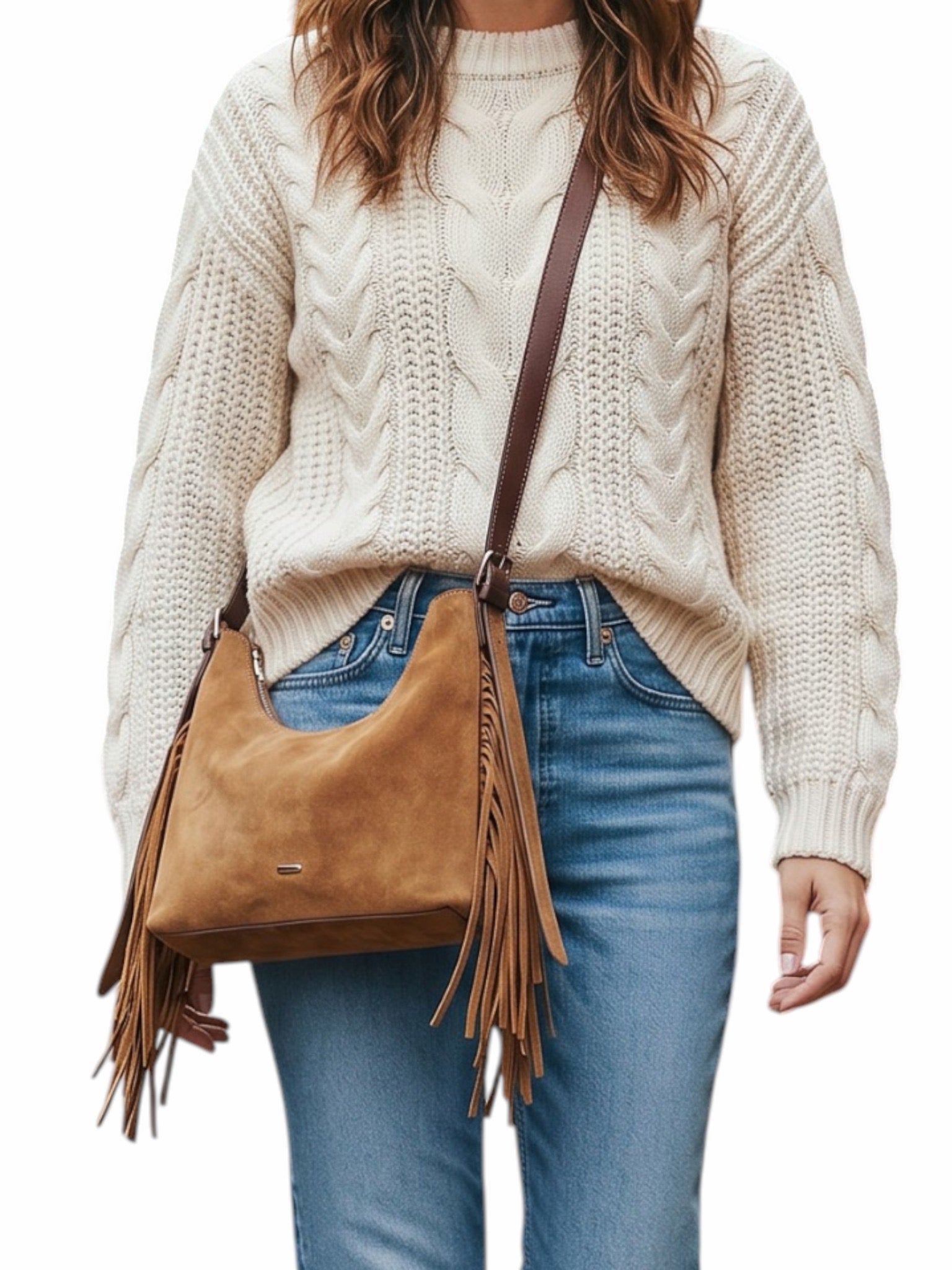 David Jones - (CM8752) - Faux Suede Tassel Medium Crossbody - Apricot Tan/Brown