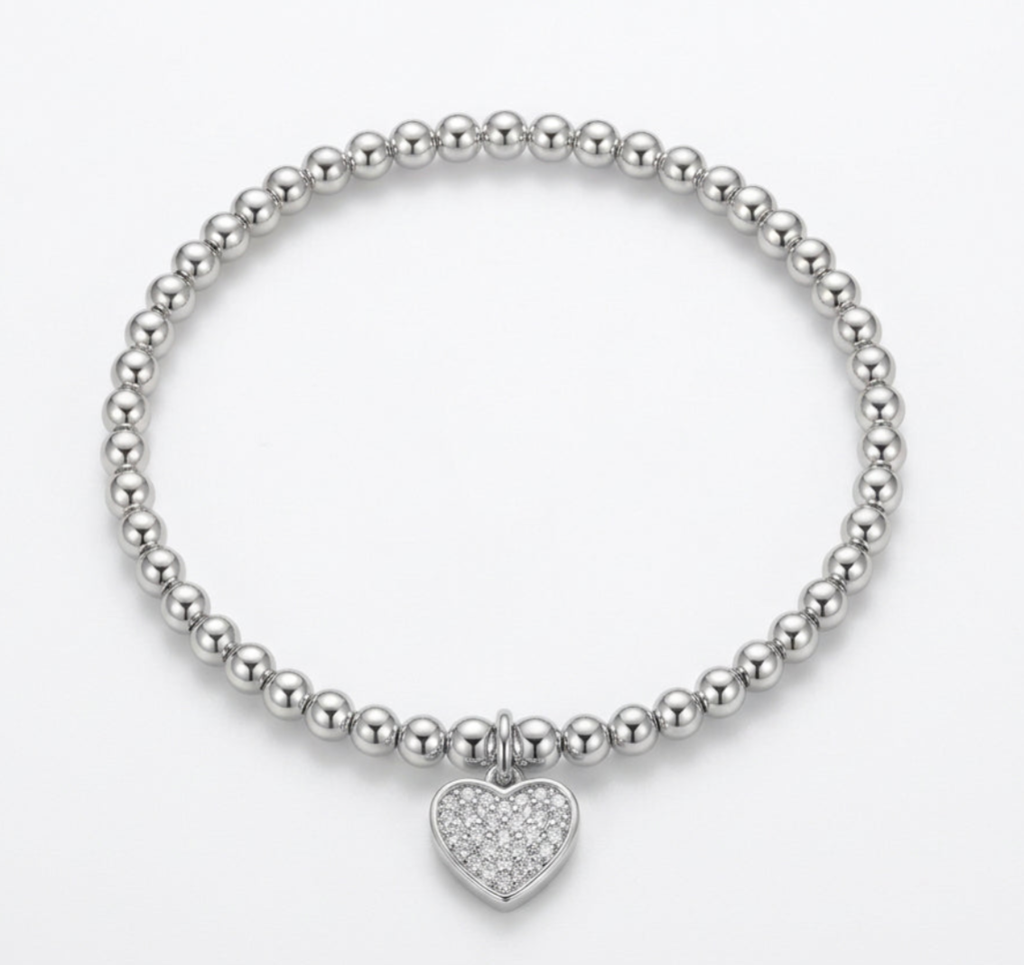 Aria Pave Heart Stretch Bracelet - Silver - Clementine Jewellery