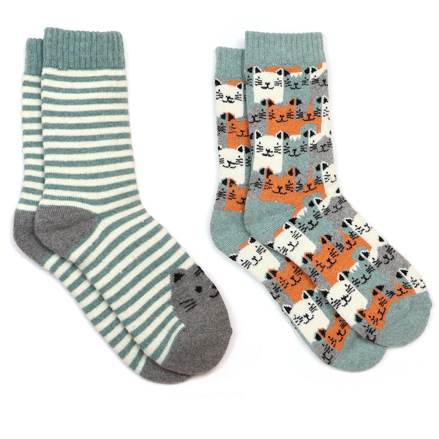 POM - Kitty - Cosy Duo Socks - Pack of 2 -Green Stripe/Green Multi
