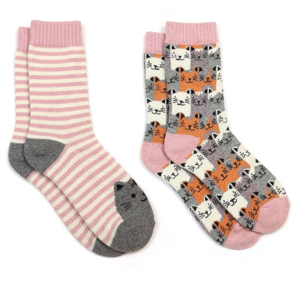 POM - Kitty - Cosy Duo Socks - Pack of 2 -Pink Stripe/Pink Multi