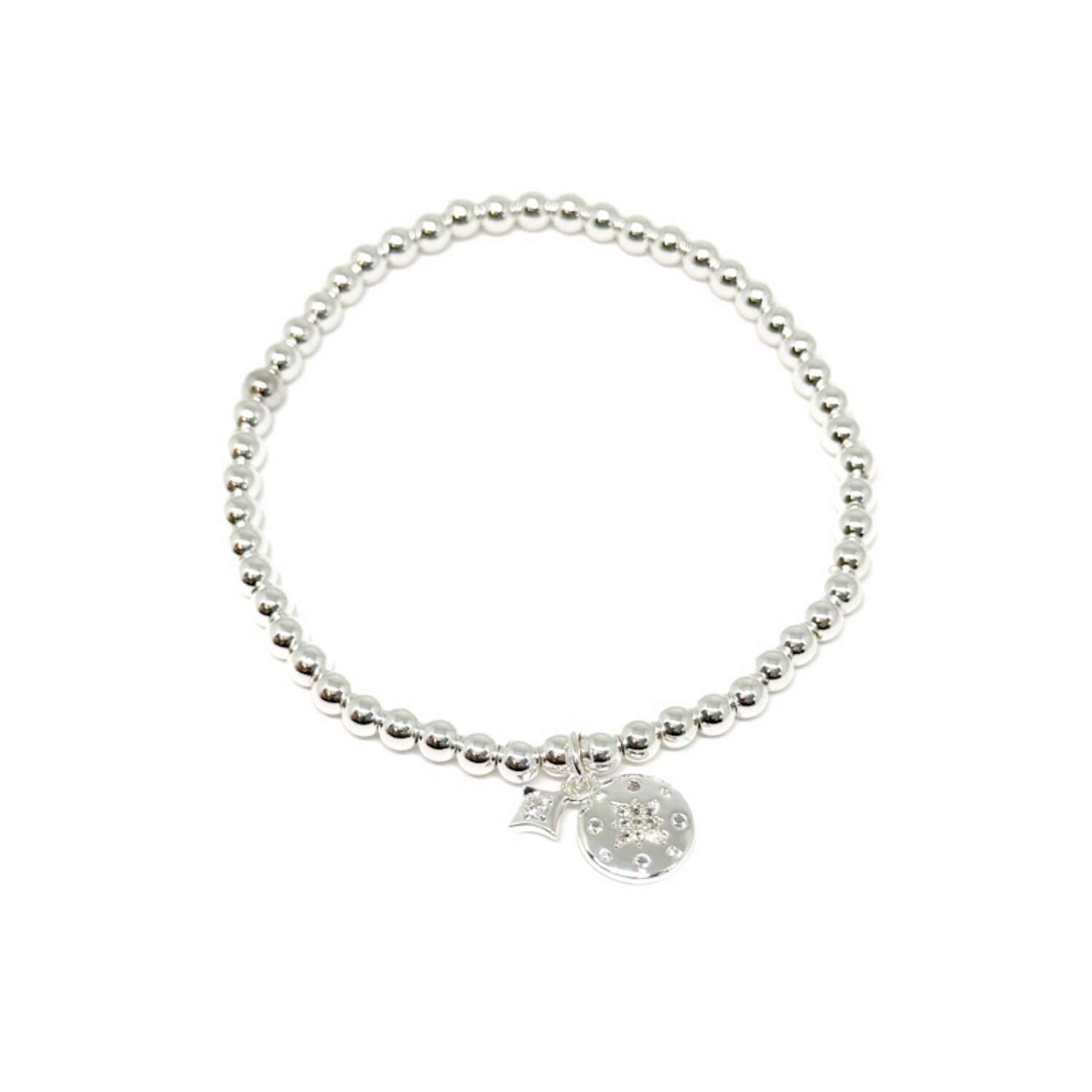 Vivia Compass &amp; Star Disc Stretch Bracelet - Silver - Clementine Jewellery