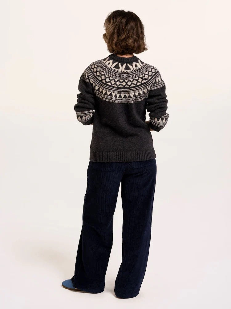 Brakeburn - Frida - Fairisle Knitted Crew Neck Jumper - Charcoal Grey/Cream