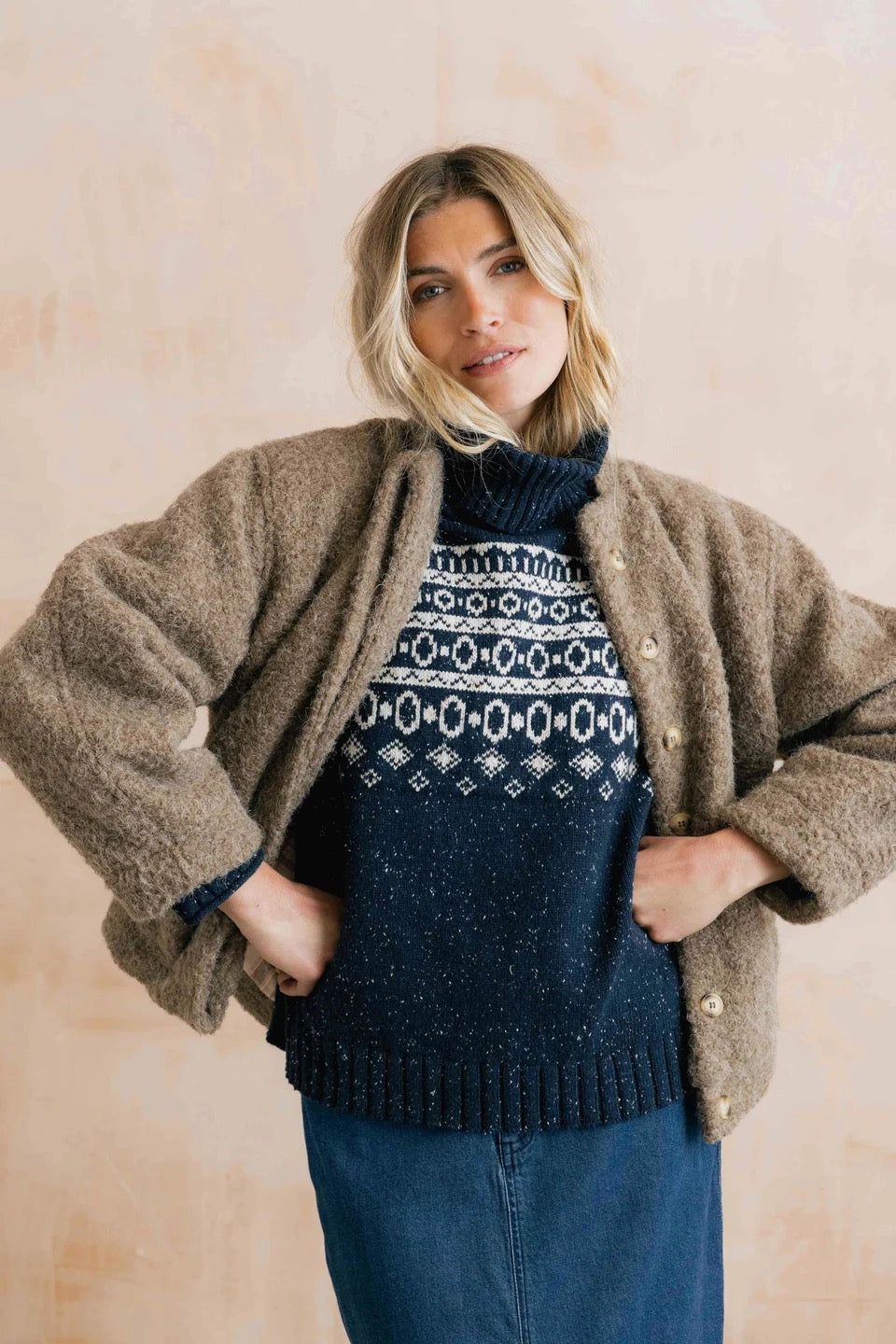 Easel - Fair Isle Patterned Fleck Knit Roll Neck Jumper - Navy Blue/White - Lily &amp; Me