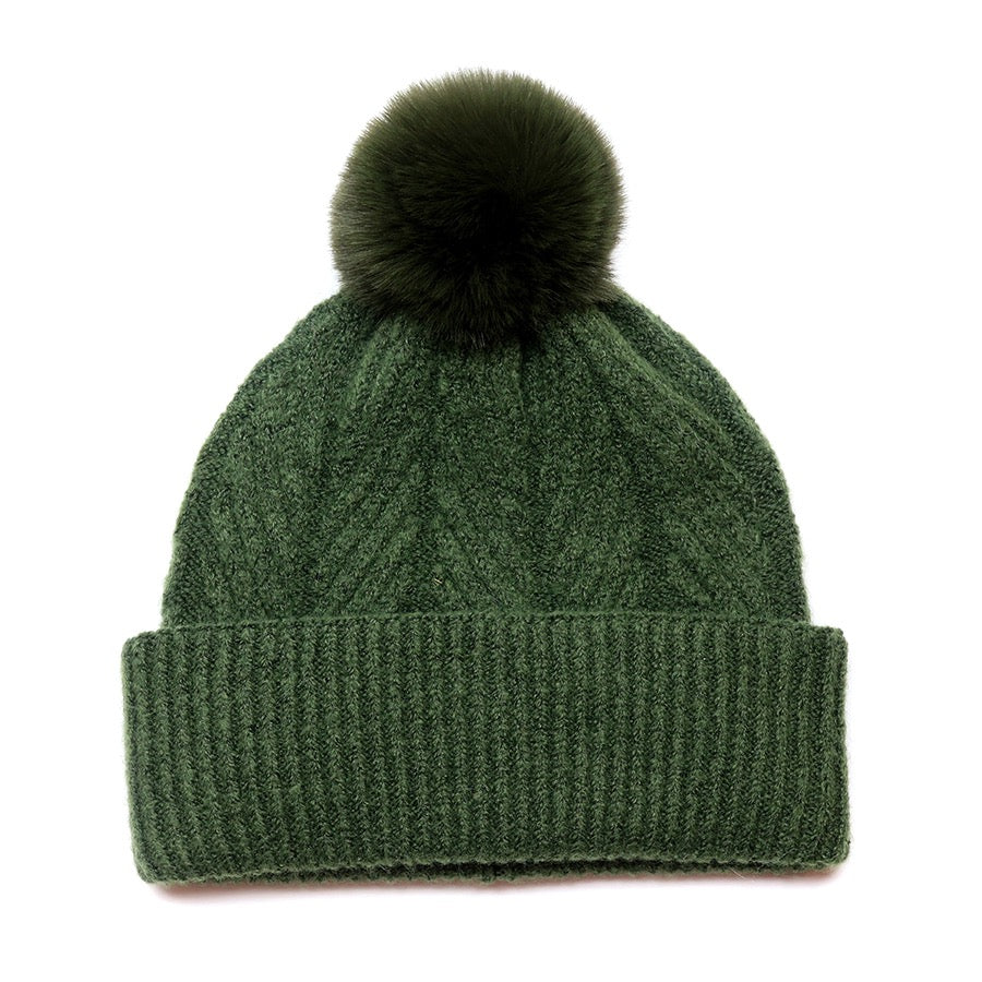 POM - Charlotte - Herringbone Knit Bobble Hat - Moss Green