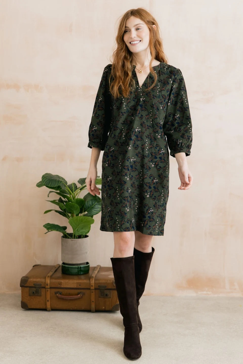 Harvest Trailing Leaves Print Pincord Midi Dress - Dark Olive - Lily &amp; Me