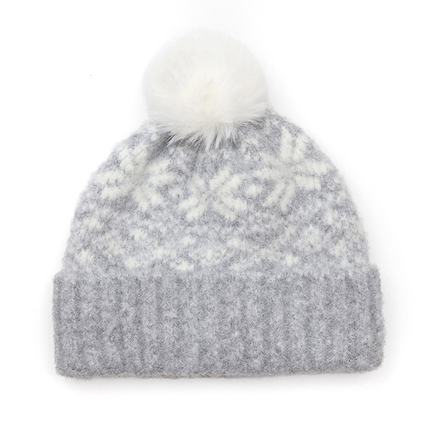 POM - Erica - Grey/White - Scandi Starflower Knitted Cosy Bobble Hat