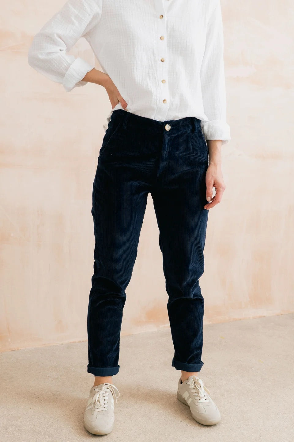 Brookend - Plain Jumbo Cord Trousers  - Navy Blue - Lily &amp; Me