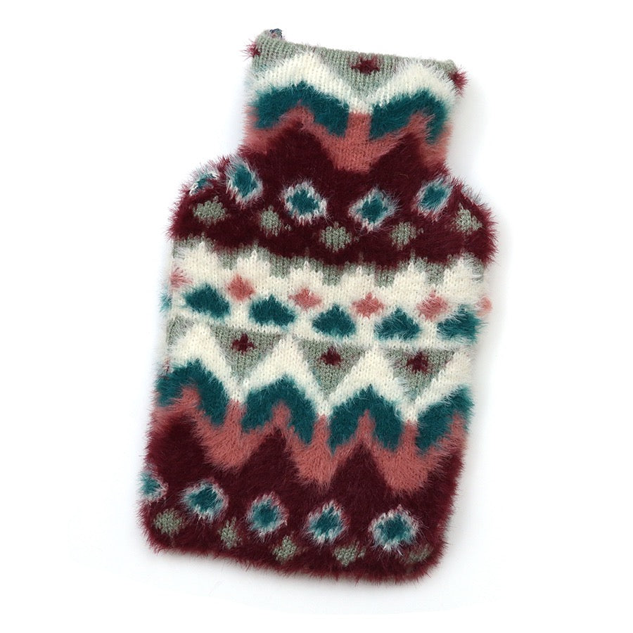 POM - Imogen - Patterned Faux Fur Knitted Hot Water Bottle - Duck Egg &amp; Wine Multi