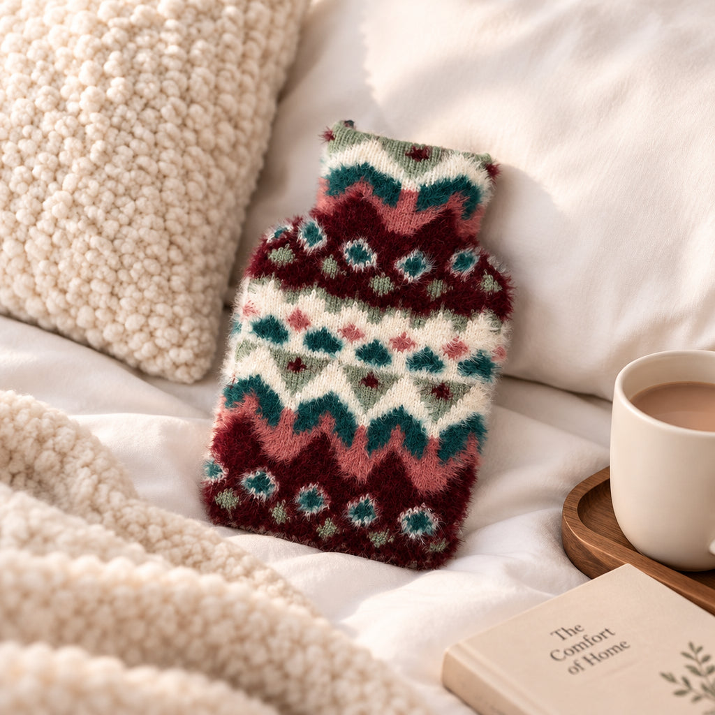 POM - Imogen - Patterned Faux Fur Knitted Hot Water Bottle - Duck Egg &amp; Wine Multi