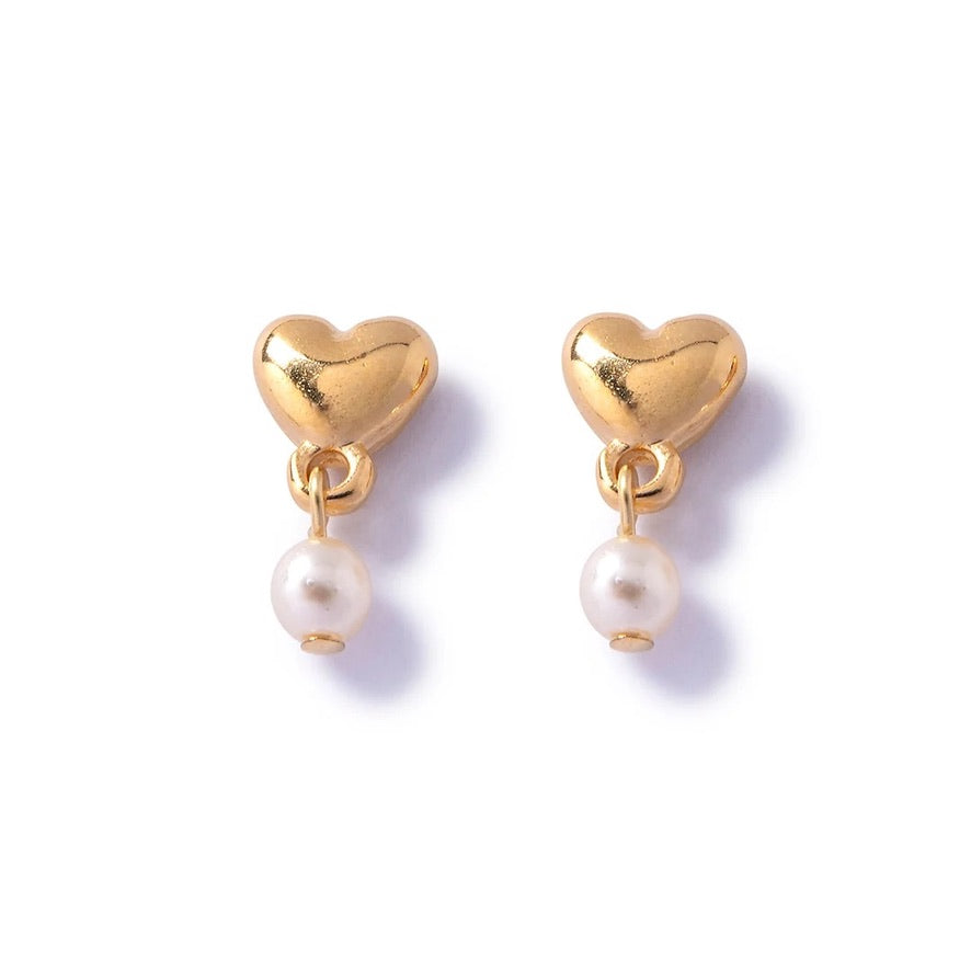 Carrie Elspeth - Gold Heart Stud Earrings with Glass Pearl Dropper - Gold