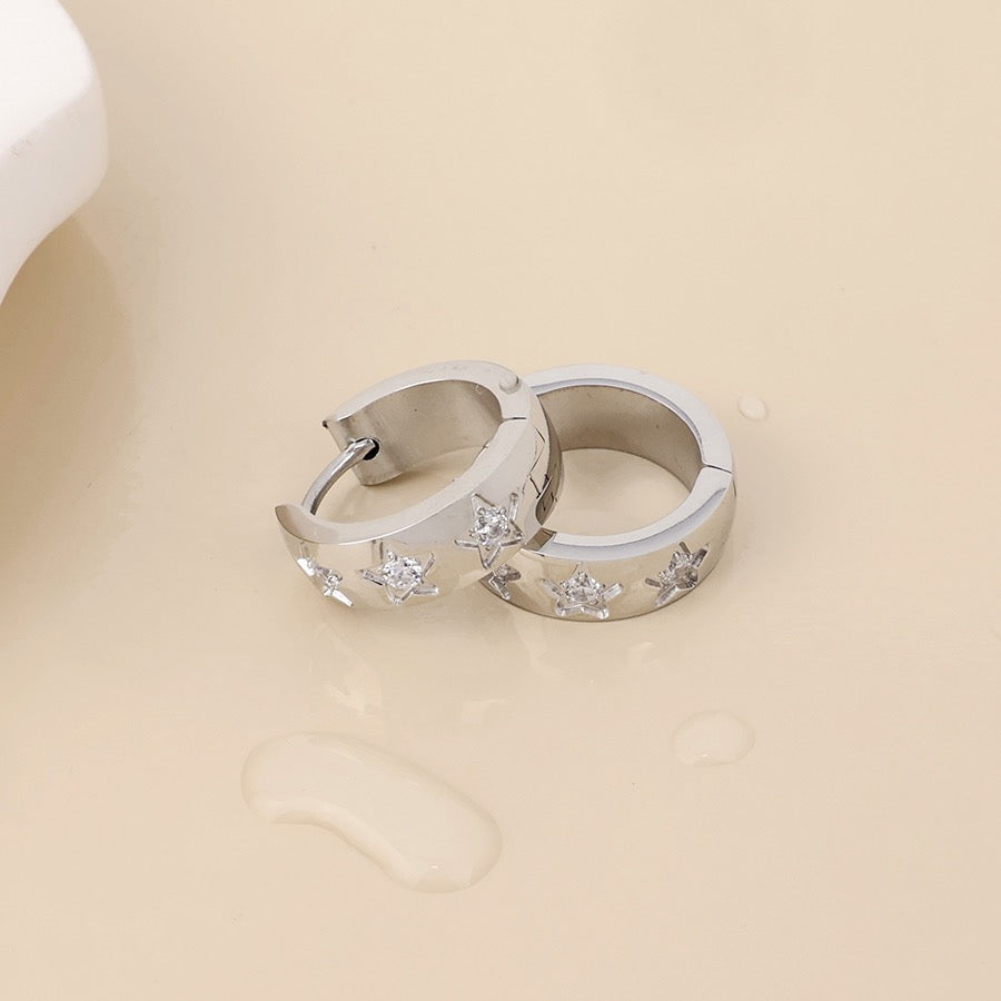 POM WATERPROOF - Astra Stainless Steel Crystal Star Hoop Earrings - Silver/Clear