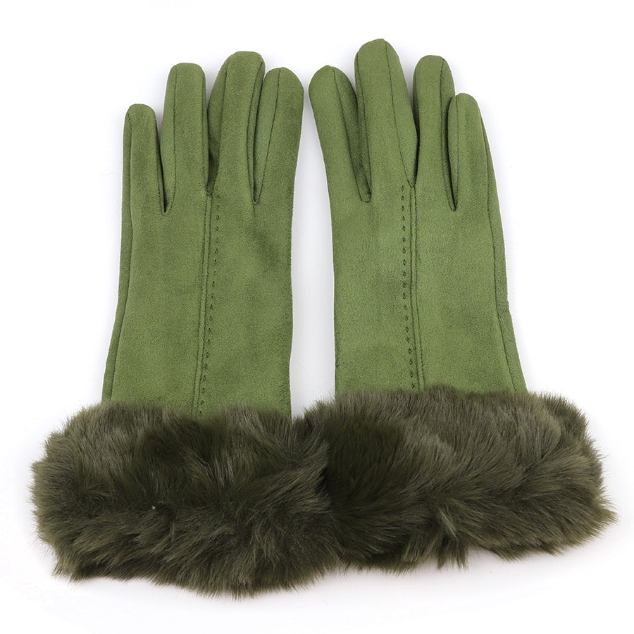POM - Vivi - Faux Suede &amp; Faux Fur Cuff Gloves - Olive Green