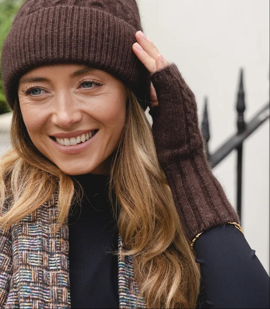 Park Lane - Chocolate - Cable Knit Fingerless Wrist Warmer - Ladies Gloves