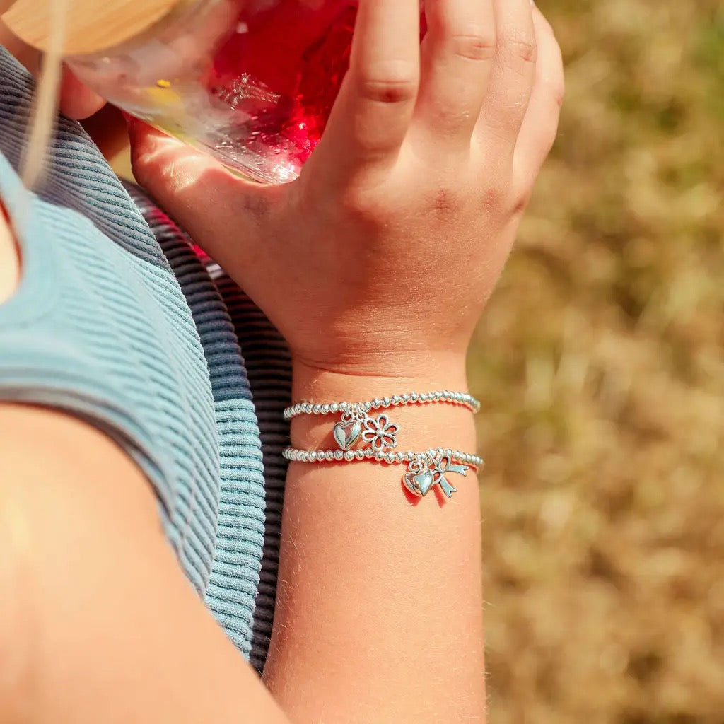 Letterbox Love -Hip Hip Hooray - Heart &amp; Bow - CHILDREN'S - Silver Plated Stretch Bracelet