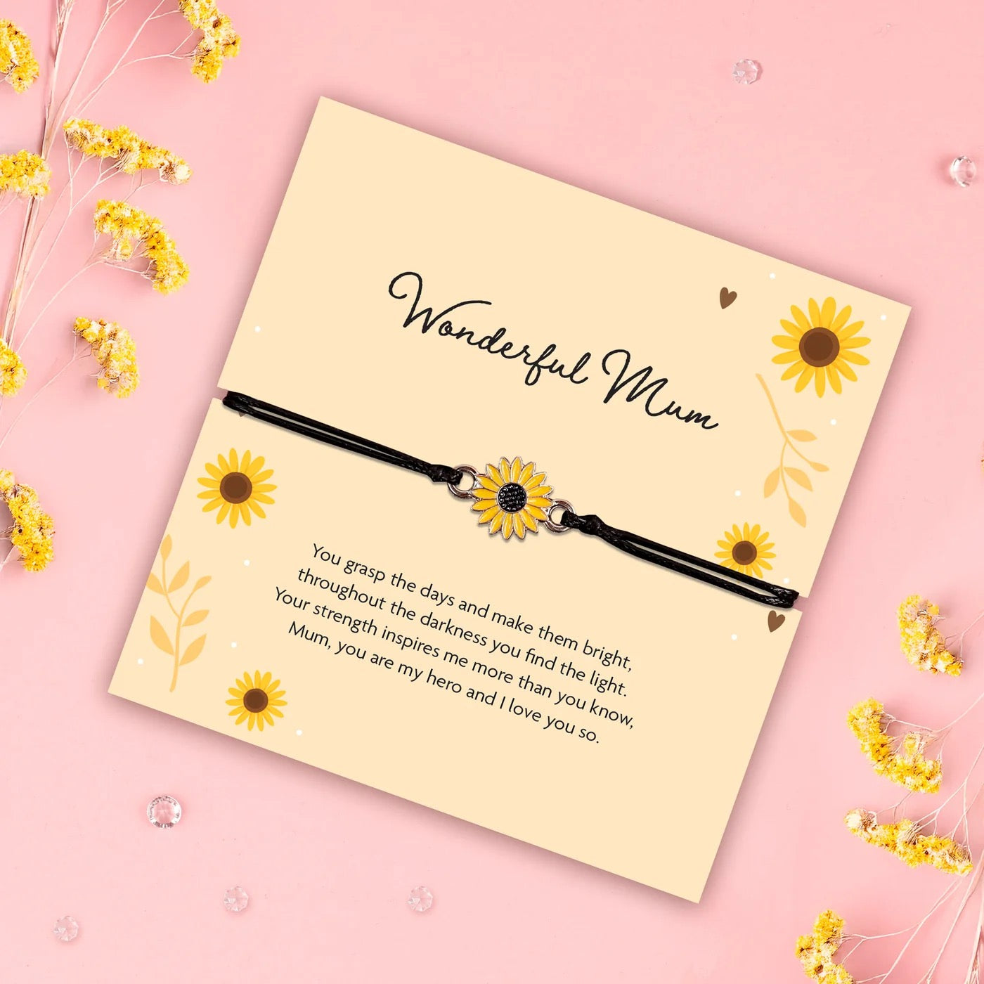 Letterbox Love - Wonderful Mum - Sunflower Charm Black Cord Bracelet