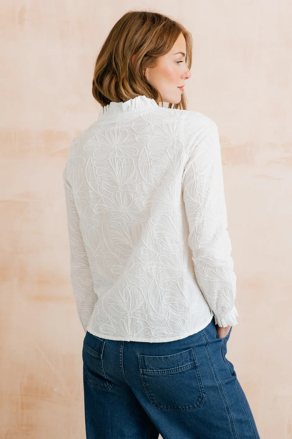 Kit Ruffle Abstract Bloom Embroidered Blouse - White - Lily &amp; Me