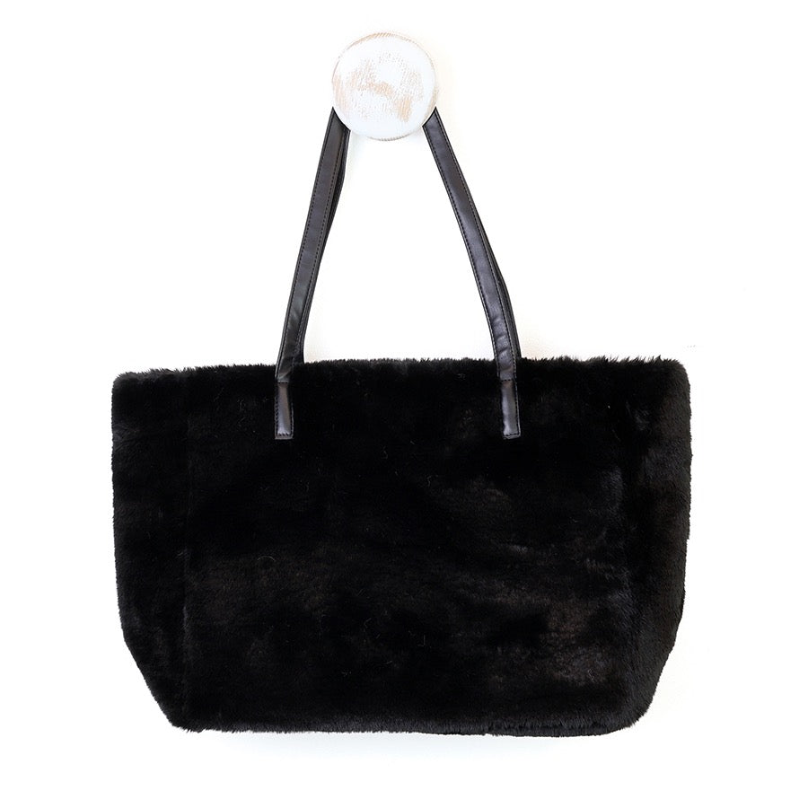 POM - Natalia - Faux Fur Large Tote Handbag - Black