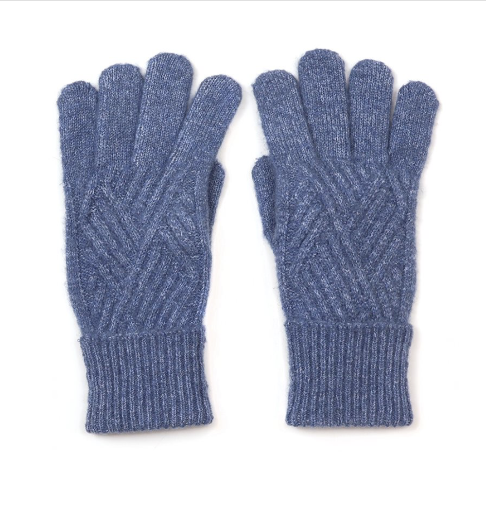 POM - Charlotte - Herringbone Cable Knit Plain Wool Gloves - Denim Blue