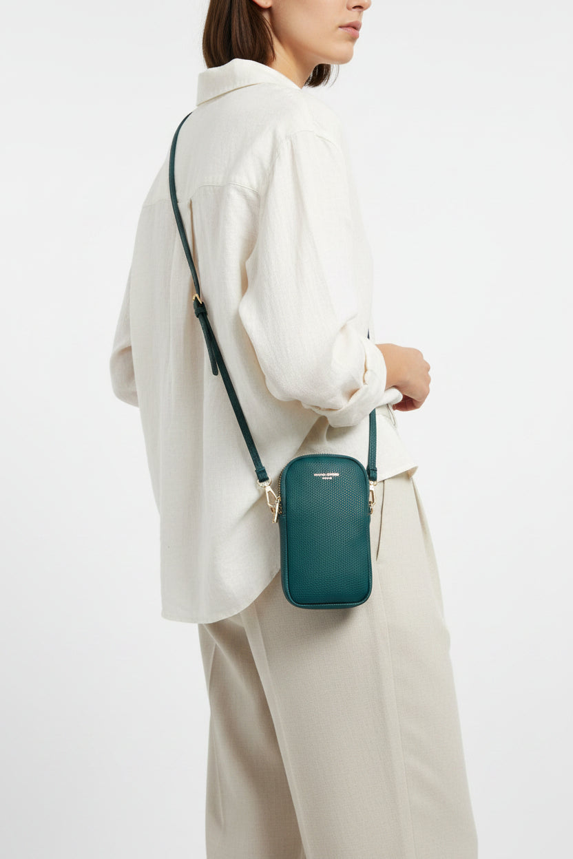 David Jones - (CM6814A) Double Zip Faux Leather Phone Crossbody Bag - Twilight Teal