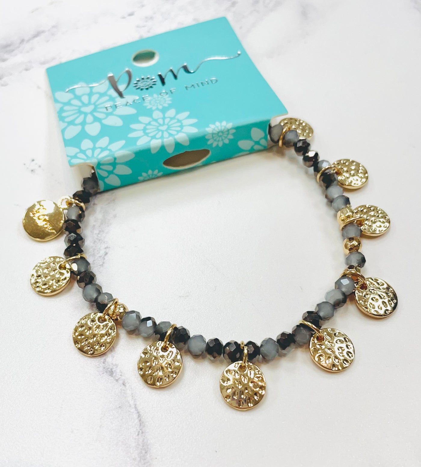 POM Faceted Black & Grey Crystal Bracelet with Multi Gold Hammered Disc Charms