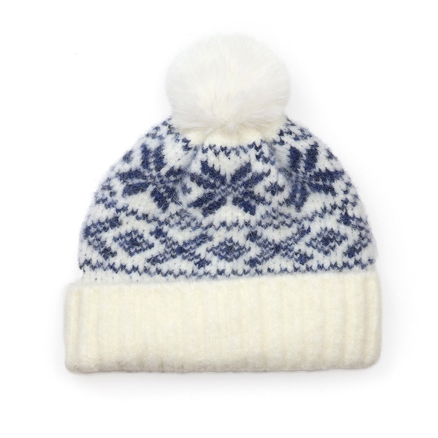 POM - Erica - Navy/Cream - Scandi Starflower Knitted Cosy Bobble Hat