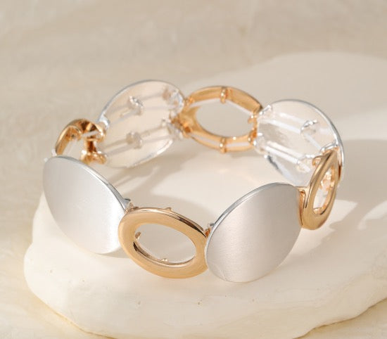 Gracee Jewellery - Silver &amp; Gold Disc &amp; Oval Statement-  Stretch Bangle Bracelet