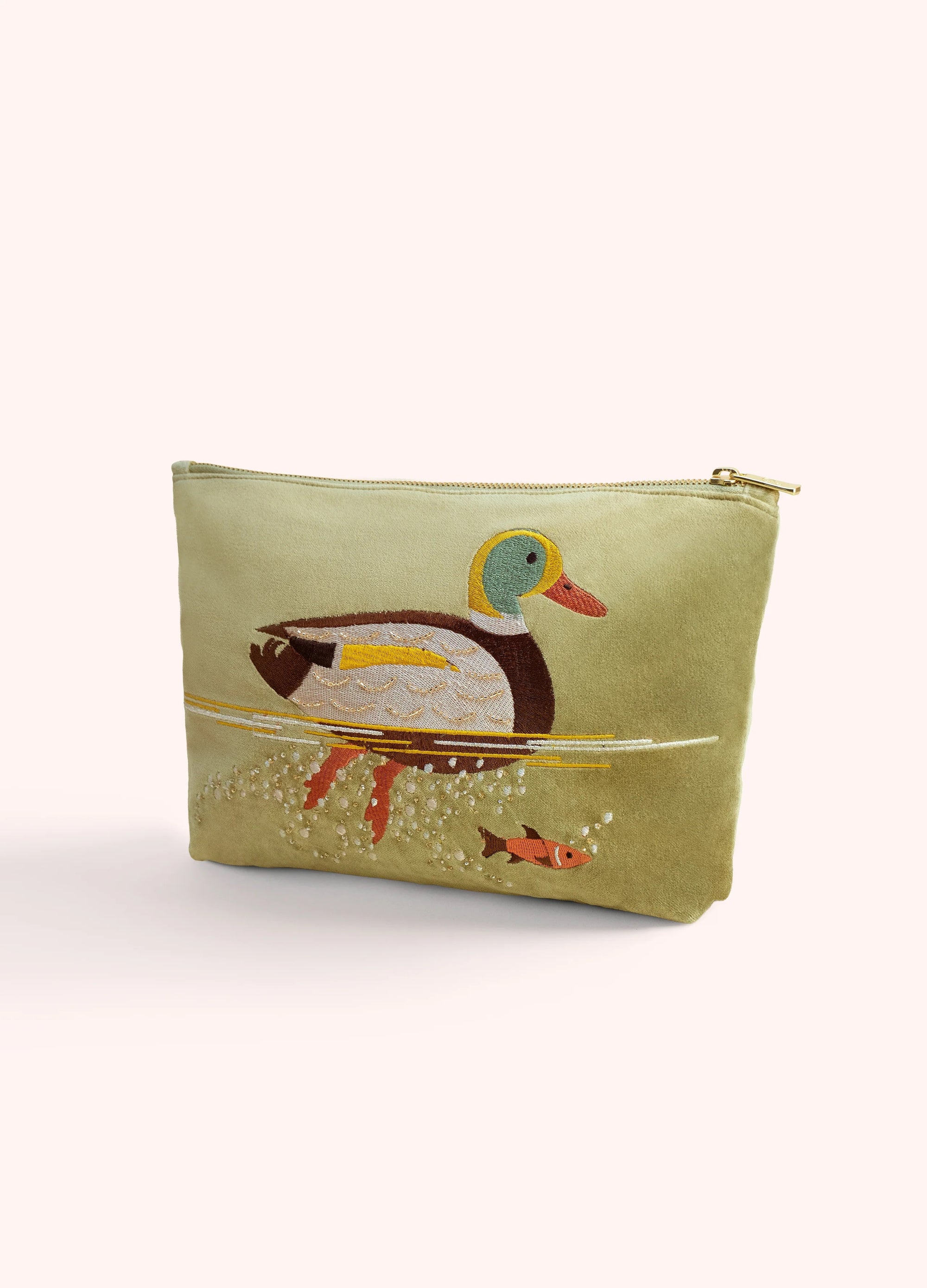 Powder Velvet Large Zip Pouch/Clutch Bag - Duck - Sage Green