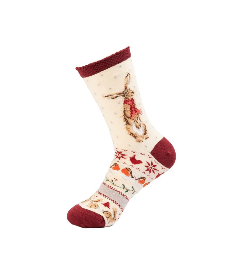 'Winter Hare' Christmas Ladies Ankle Bamboo Socks - Cream/Red -  Wrendale Designs