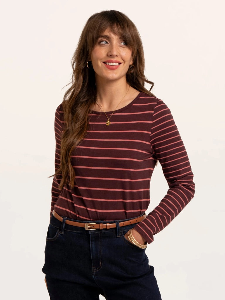 Brakeburn - Branksome - Thick &amp; Thin Stripe - Long Sleeved T-shirt - Burgundy