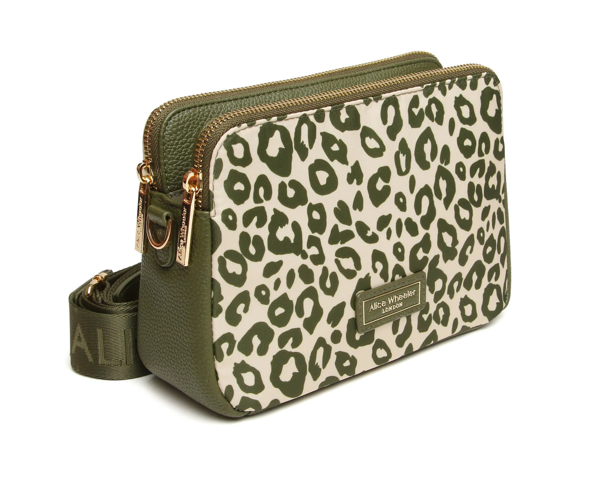 Alice Wheeler- Olive Leopard Print - Soho Dual Double Zip Crossbody Handbag