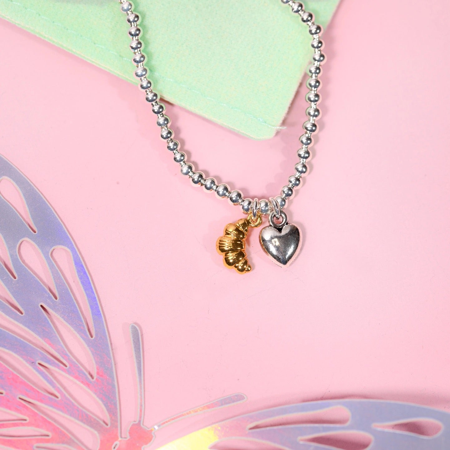 Letterbox Love - Babes that Brunch - Heart &amp; Croissant - CHILDREN'S - Silver Plated Stretch Bracelet