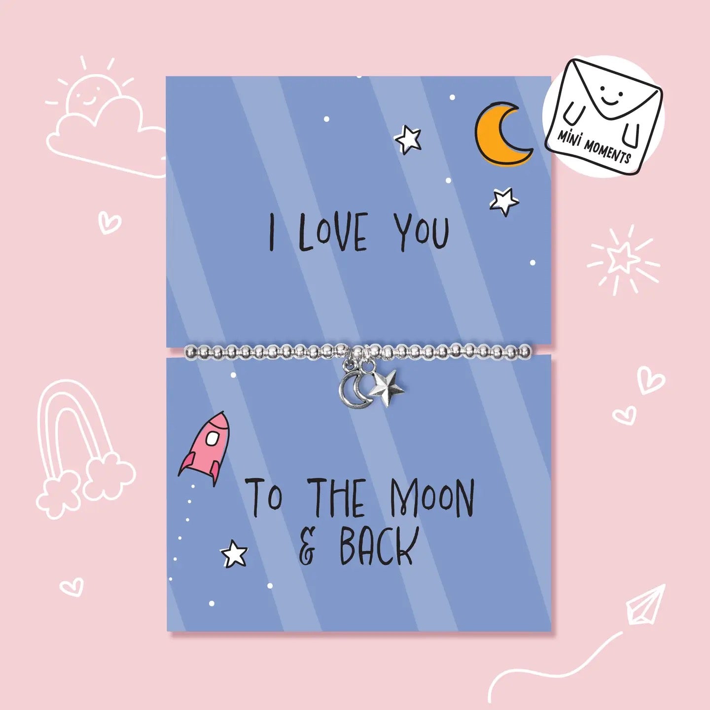 Letterbox Love - I Love You to Moon &amp; Back - Moon &amp; Star - CHILDREN'S - Silver Plated Stretch Bracelet