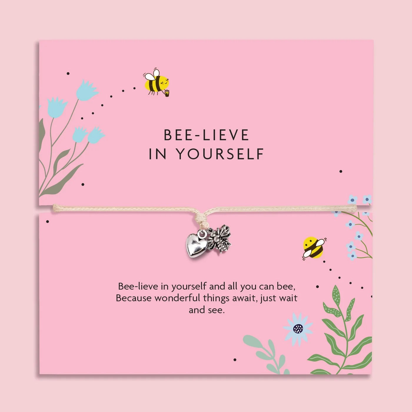 Letterbox Love - Believe in Yourself - Bee &amp; Heart Charm Beige Cord Bracelet