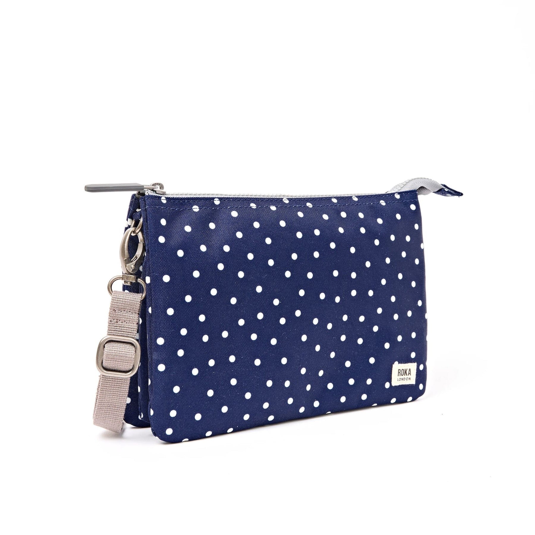 Roka Carnaby XL Crossbody-Recycled Canvas - Navy Polka Dot