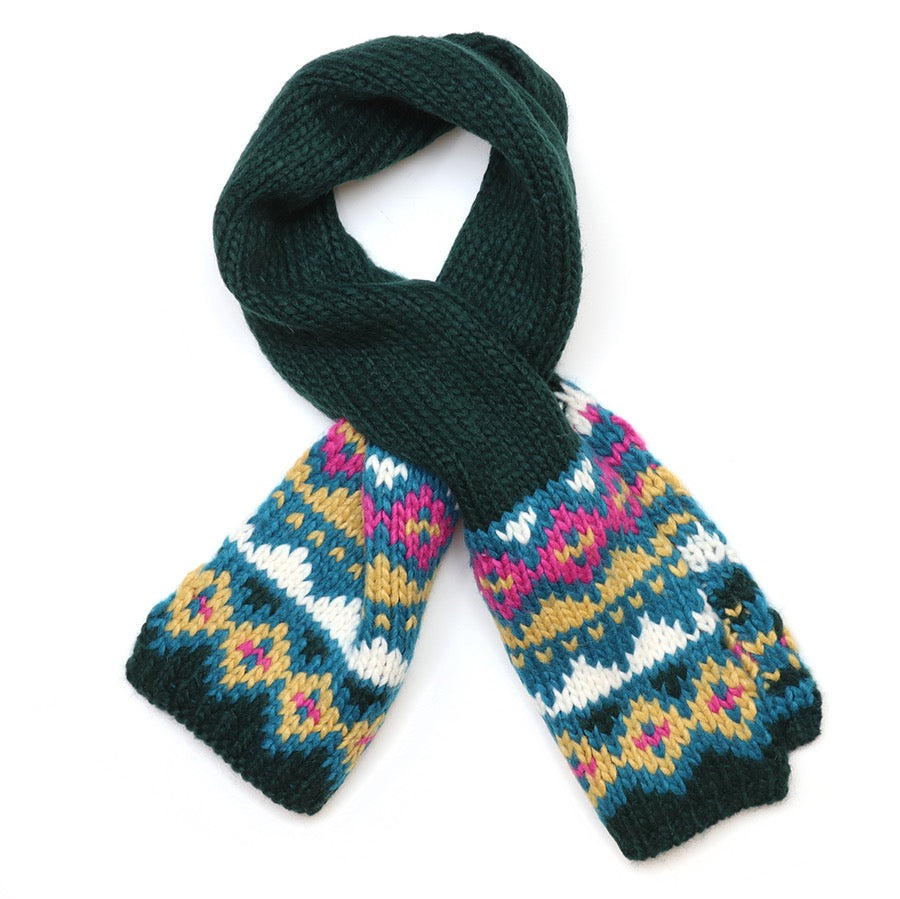 POM - Valentina - Dark Green/Camel/Pink Mix - Patterned Chunky Knit Pull Through Crossover Scarf
