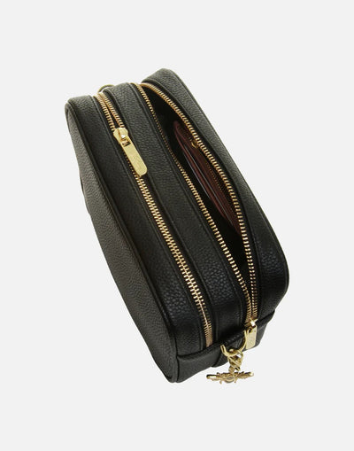 Alice Wheeler Black Soho Double Zipped Crossbody Bag with Stripe Bag Strap