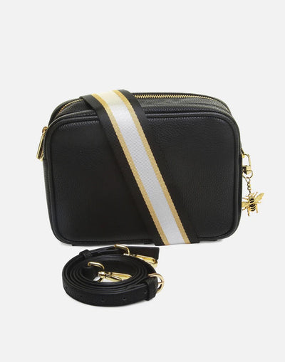 Alice Wheeler Black Soho Double Zipped Crossbody Bag with Stripe Bag Strap