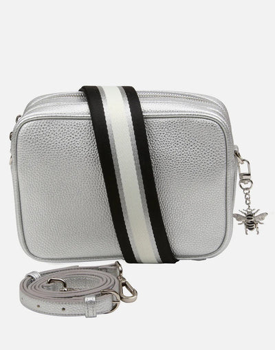 Alice Wheeler Silver Soho Double Zipped Crossbody Bag with Bag Strap - Silver Fittings