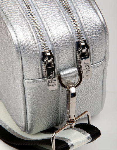 Alice Wheeler Silver Soho Double Zipped Crossbody Bag with Bag Strap - Silver Fittings