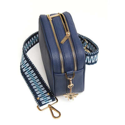 Alice Wheeler Navy Blue Soho Double Zipped Crossbody Bag with ZigZag Bag Strap