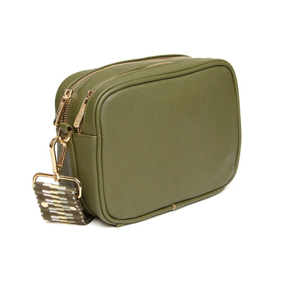 Alice Wheeler Olive Green Soho Double Zipped Crossbody Bag with ZigZag Bag Strap