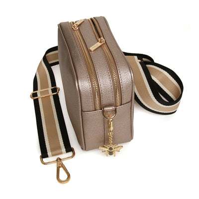 Alice Wheeler Bronze Soho Double Zipped Crossbody Bag with Stripe Bag Strap