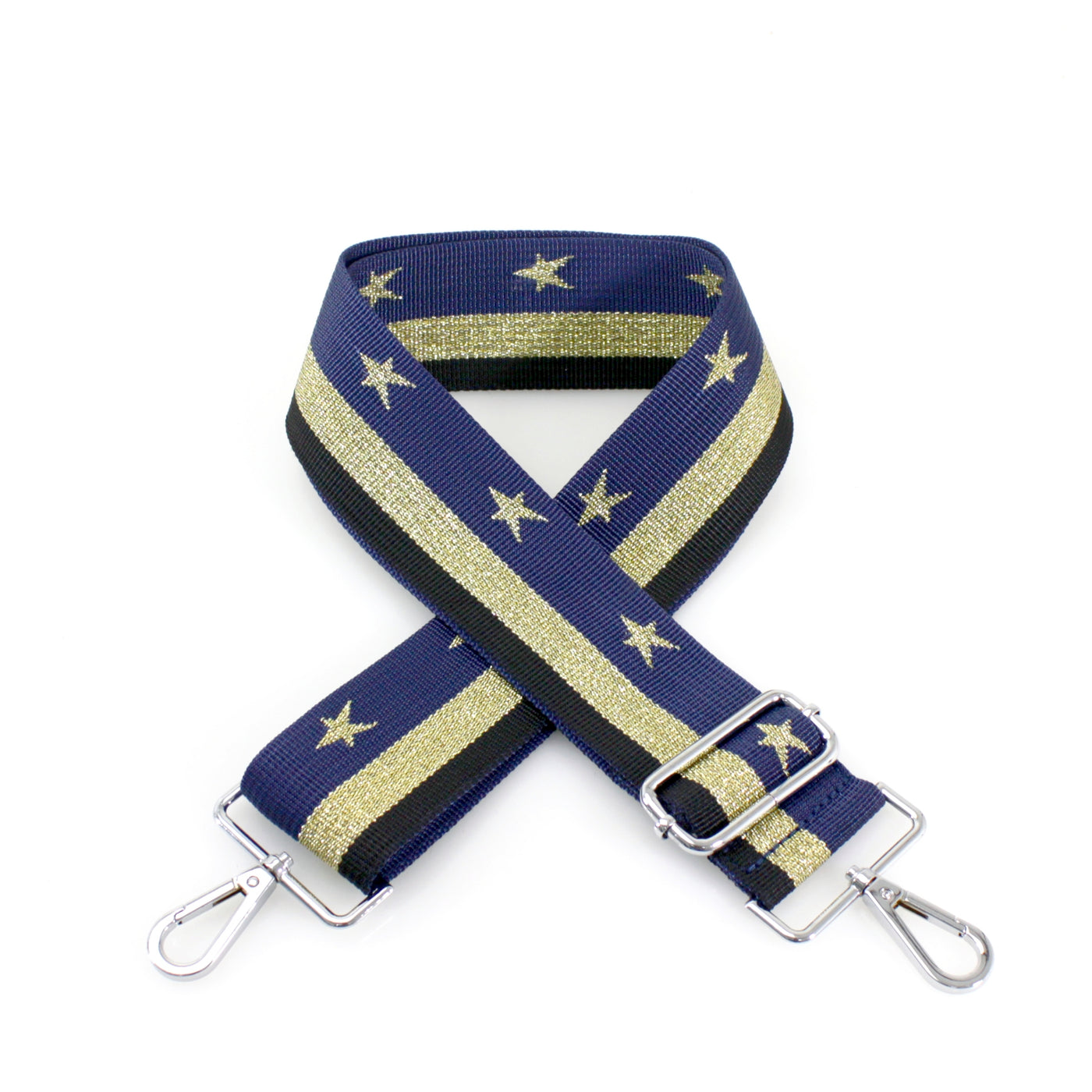 Army Star Gold Glitter Blk & Navy Stripe Print Bag Strap - Silver Fittings